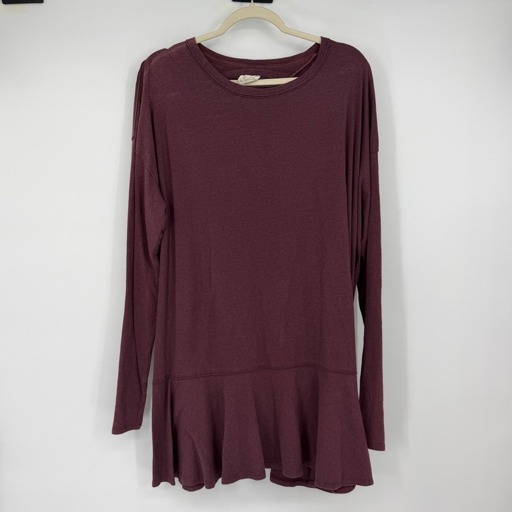 Free People We The Free L Plum Ruffle Hem Tunic Top Long Sleeve Boho Eco Cotton